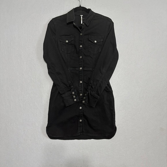 Free People Dresses & Skirts - Free People Black Denim Button Down Mini Dress Long Sleeve Size M